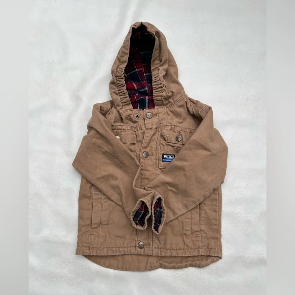 WALLS Tough Wear Tan Snap Flannel Red Plaid Lined Hooded Coat Jacket Boys Kids